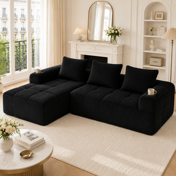 Sofá Modular De Pana Negro, 253 × 158 × 61 Cm, Cuatro Plazas Con Portavasos