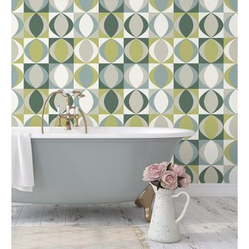 Papel Pintado Vinílico Ecológico Geométrico Estilo Retro Con Textura - Hedron Hall 680632 De Gaulan - Rollo De 10 M X 0,53 M