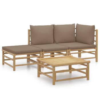 Conjunto De Muebles De Jardín 4 Uds | Mesa Y Sillas Bambú Y Cojines Gris Taupe