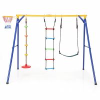 costway juego de columpio 4 en 1 con baloncesto escalera disco cuerda y asiento estructura metal para 3-10 anos carga 300kg interior exterior verde