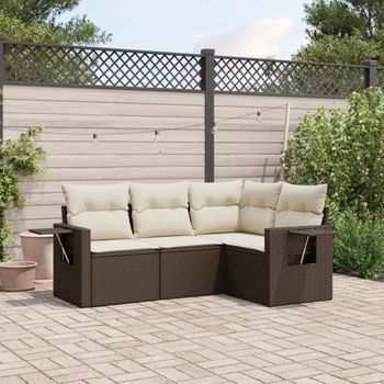 Conjunto De Sofás De Jardín 4 Uds | Mueble Jardin Mesa Y Sillas Y Cojines Ratán Sintético Marrón Cfw113036