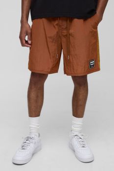 Pantalón Corto Holgado De Nailon Fruncido Con Brillo Intenso, Naranja