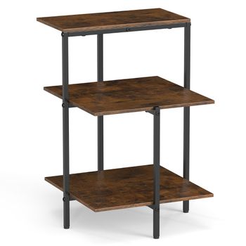 Costway Mesa Auxiliar Industrial 3 Niveles Cuadrada Estantes Abiertos Estructura Metálica para Salón Dormitorio Espacios Pequeños Marrón Rústico