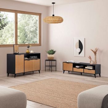 Mueble tv 1 puerta y 2 cajones, color negro/madera