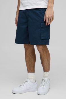Pantalón Corto Cargo Holgado De Sarga Con Cintura Fija, Navy
