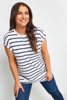 Yours Camiseta Algodón Blanca De Rayas Azules Manga Sisa, Mujer Curvy Y Tallas Grandes, Yours