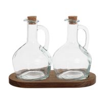 set de 2 aceiteras de vidrio con soporte de madera de acacia