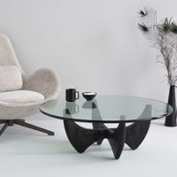 mesa centro redonda roble macizo negro con tapa de cristal - l100 cm