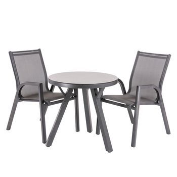 Conjunto De Mesas Y Sillas De Jardín, Redonda 70 Cm, Cristal Templado, Color Antracita + 2 Sillones Reforzados