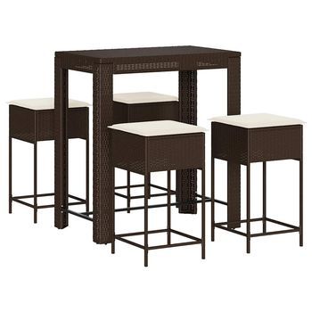 Juego De Bar De Jardín De 5 Piezas | Mueble De Jardín Con Cojines Ratán Pe Marrón
