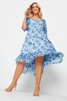 Limited Collection Vestido Fluido Azul De Flores Con Cola, Mujer Curvy Y Tallas Grandes, Limited Collection