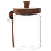 tarro de vidrio con tapa y cuchara de madera de acacia