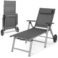 costway silla tumbona exterior de aluminio con ruedas plegable con respaldo ajustable en 7 posiciones tejido de secado rapido negro