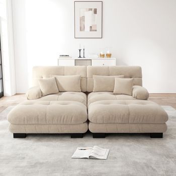 Canapé De Esquina Modular En Chenilla Beige, 2 Cojines Lumbares, 2 Decorativos, 2 Poufs, Reposabrazos Anchos