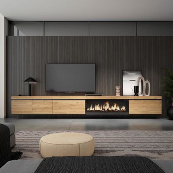 Mueble tv efecto madera roble 368x35x45cm chimenea efecto fuego