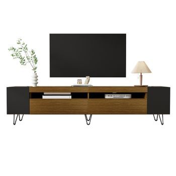 Mueble De Tv Moderno 180 Cm Con Puertas Y Pasacables, Estructura De Mdf, Mesa De Tv Negro Y Efecto Madera