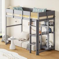 cama alta infantil de 90 x 200 cm pino macizo gris con estanteria integrada