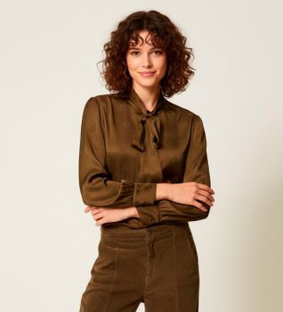 Twinset para mujer. 252TT2361 Camisa de raso de jacquard verde (42), Casual, Viscosa, Manga larga