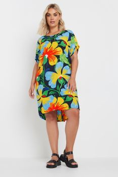 Yours Vestido Fresco Corto De Flores Amarillo Y Azul, Mujer Curvy Y Tallas Grandes, Yours