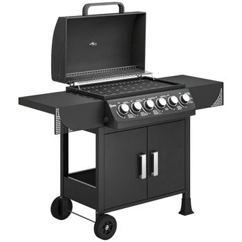 Outsunny Barbacoa de Gas con 6 Quemadores 15 kW Termómetro Parrilla Mesas Laterales Armario y Ruedas 135x51x101 cm Negro