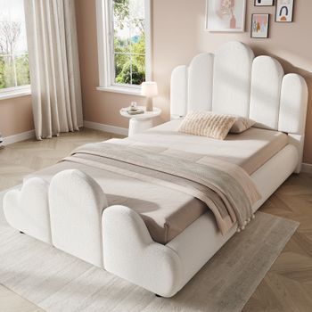 Cama Infantil De 90 X 200 Cm Con Cabecero Acolchado, Bouclé Beige Y Esquinas Redondeadas