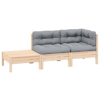 Conjunto Muebles Jardín 3 Uds | Mesa Y Sillas Con Cojines Gris Madera Pino Maciza
