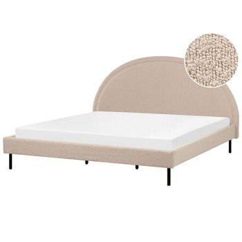 Cama Minimalista Bouclé Tapicería Poliéster Somier Cabecero Semicircular 180 X 200 Cm Beige Margut