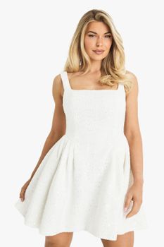 Vestido Mini Skater De Tejido Bouclé Con Lentejuelas Premium, Blanco
