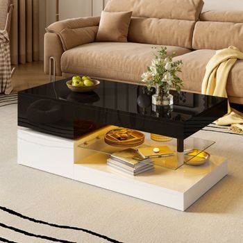 Mesa De Centro Led Negra Y Blanca, 90 X 45 X 35,5 Cm, Alto Brillo