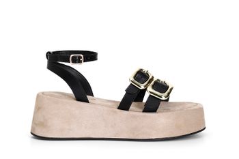 sandalias cuña doble banda con hebilla y pulsera al tobillo black