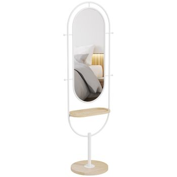 HOMCOM Espejo de Cuerpo Entero con Bandeja de Madera 4 Ganchos y Marco de Metal para Salón Dormitorio Blanco 175,5x50 cm   Aosom España