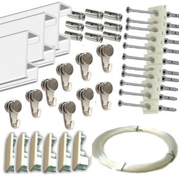Colgar Cuadros En Pared Con Guía De Aluminio , 9 M (7 Guías) + 9 Colgadores + 9 Ganchos Rm + 14 M De Nylon , 26 Tacos Y Anclajes , Blanco