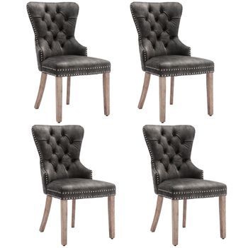 Juego De 4 Sillas De Terciopelo - Patas De Madera Maciza - Gris