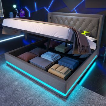 Cama Doble Tapizada Con Almacenamiento Hidráulico, Cabecera Tapizada, Cargador Usb-c, Iluminación Led En 3 Lados, Algodón Gris, 180x200 Cm
