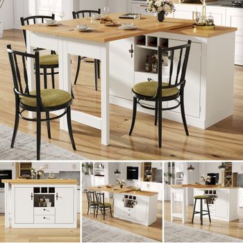 Mesa De Comedor Giratoria Extensible Con 2 Puertas Y 2 Cajones - Mdf - Blanco + Natural