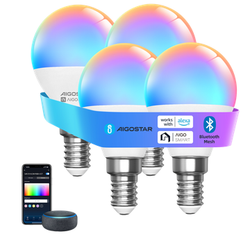 Aigostar Mesh- Bombilla inteligente Bluetooth Mesh, G45. 2700K-6500K y RGB regulable, E14, 6.5W, 555LM. Bombilla LED inteligente compatible con Alexa y Google Home. Incluye mando a distancia. 4Uds