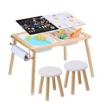 mesa sensorial infantil con bancos y recipientes para arena agua y papel natural tekmaquinas