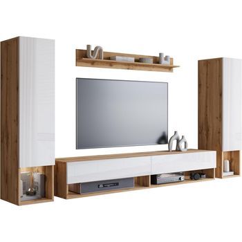 Conjunto De Muebles De Salón Amadeo Ii, Juego De Muebles De Salón, Muebles De Tv, Con Iluminación Led, Color Wotan/blanco Brillo