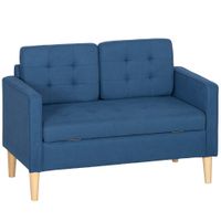 homcom sofa de 2 plazas con almacenamiento capitone con botones cojin madera de caucho 117x62x78cm azul   aosom espana