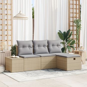 Juego De Sofá De Jardín De 4 Piezas Con Cojines Beige De Ratán Sintético V8006 Unico / Beige