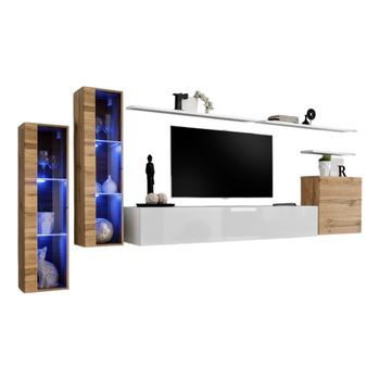 Conjunto De Muebles Para Salón Mural Switch Xi Diseño, Color Blanco Brillante Y Roble Wotan.