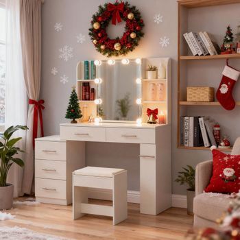 Tocador Con Espejo Y Taburete - Mueble De Dormitorio - Mdf - Blanco (100x40.5x136cm)