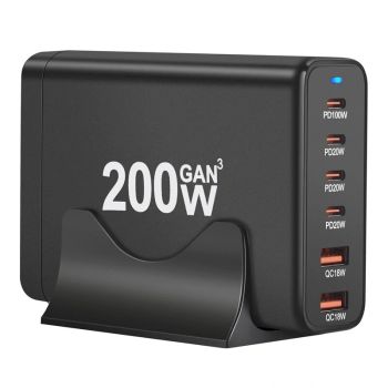 [GaN Tech] Cargador USB PD de 200W y 6 puertos, 2USB-A+4USB-C, estación de carga rápida de escritorio con enchufe EU par
