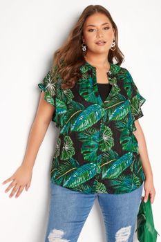 Camisa Negra De Hojas Con Volantes, Mujer Curvy Y Tallas Grandes, Yours