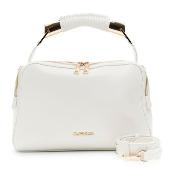 bolso de mano efecto piel con asa de metal y hilo decorativo. white