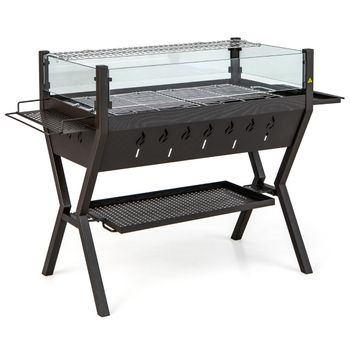 Costway Parrillas de Carbón para Barbacoa Parrilla de Acero Inoxidable con Protector Contra Viento Estantes Guantes 98 x 42 x 68 cm Marrón