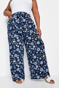 Yours Pantalon Ancho Azul Marino De Flores, Mujer Curvy Y Tallas Grandes, Yours
