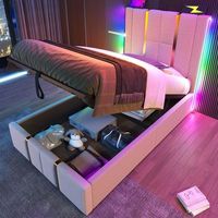 cama individual tapizada con led y usb-c control por app almacenamiento integrado somier de lamas de madera tela de lino beige 90x200 cm