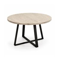 mesa de comedor redonda extensible anubis con tablero de melamina en beige y patas metalicas negras 76x120-016x120 cm