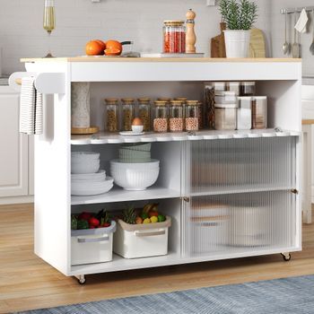 Carrito De Cocina - Mueble Auxiliar - Mdf Y Chapa De Roble - Blanco Y Natural (122x46x91cm)